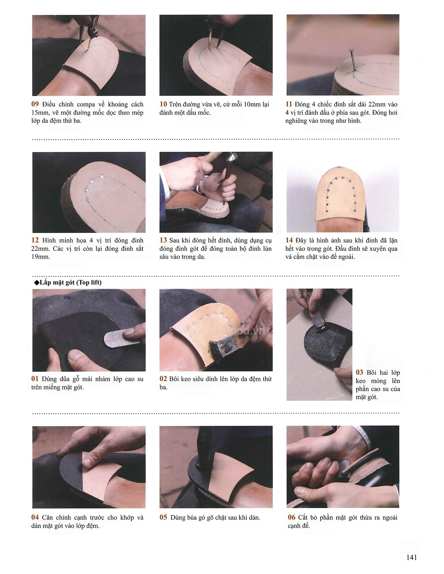 Công đoạn đóng đinh sắt gia cố gót và lắp mặt gót (Top lift) của một đôi giày handmade cao cấp