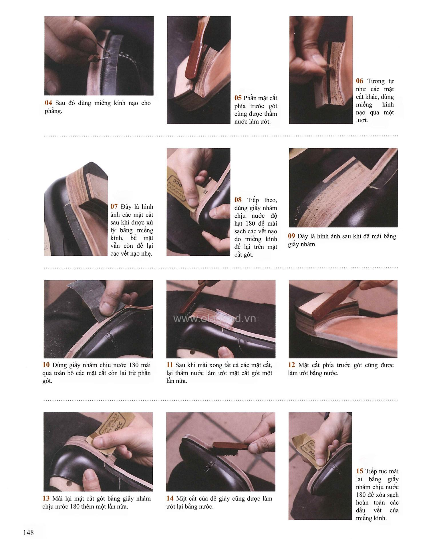 Công đoạn mài cạnh đế và cạnh gót của một đôi giày handmade cao cấp