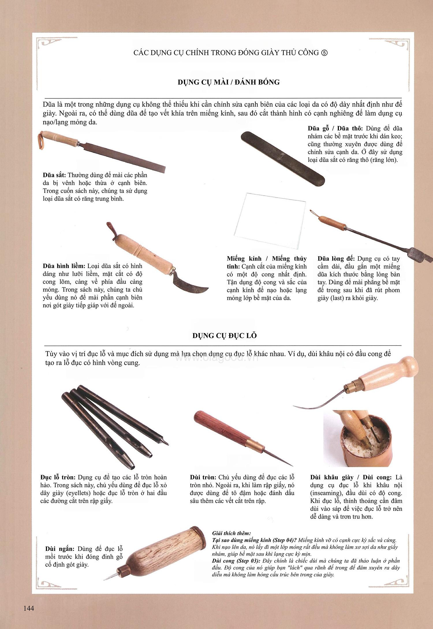 Dụng cụ đục lỗ và dụng cụ mài đánh bóng trong nghề đóng giày da thủ công